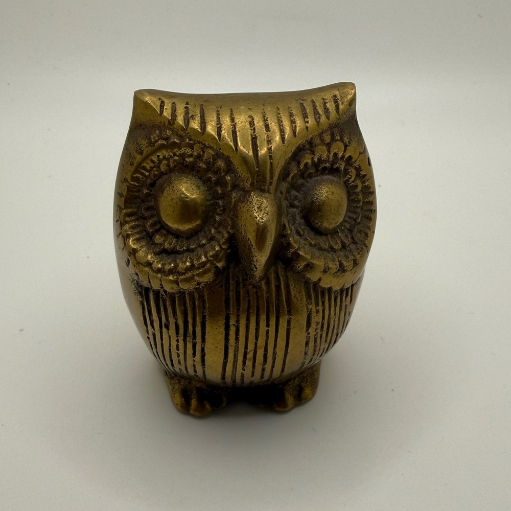 Vintage Brass Owl Figurine Mid Century Modern Small Bird Paperweight Decor